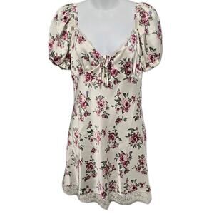 FOREVER 21 Cream Red Wild Floral Rose Satin Mini Dress Puff Sleeves Medium Y2K
